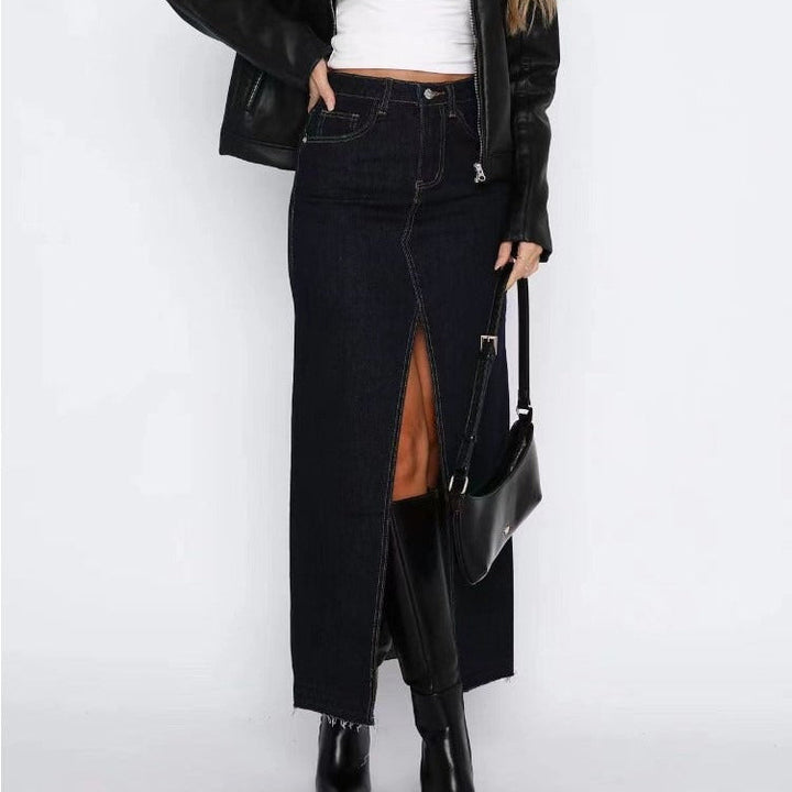 Lange denim rok met hoge taille en split aan de achterkant - Emilie
