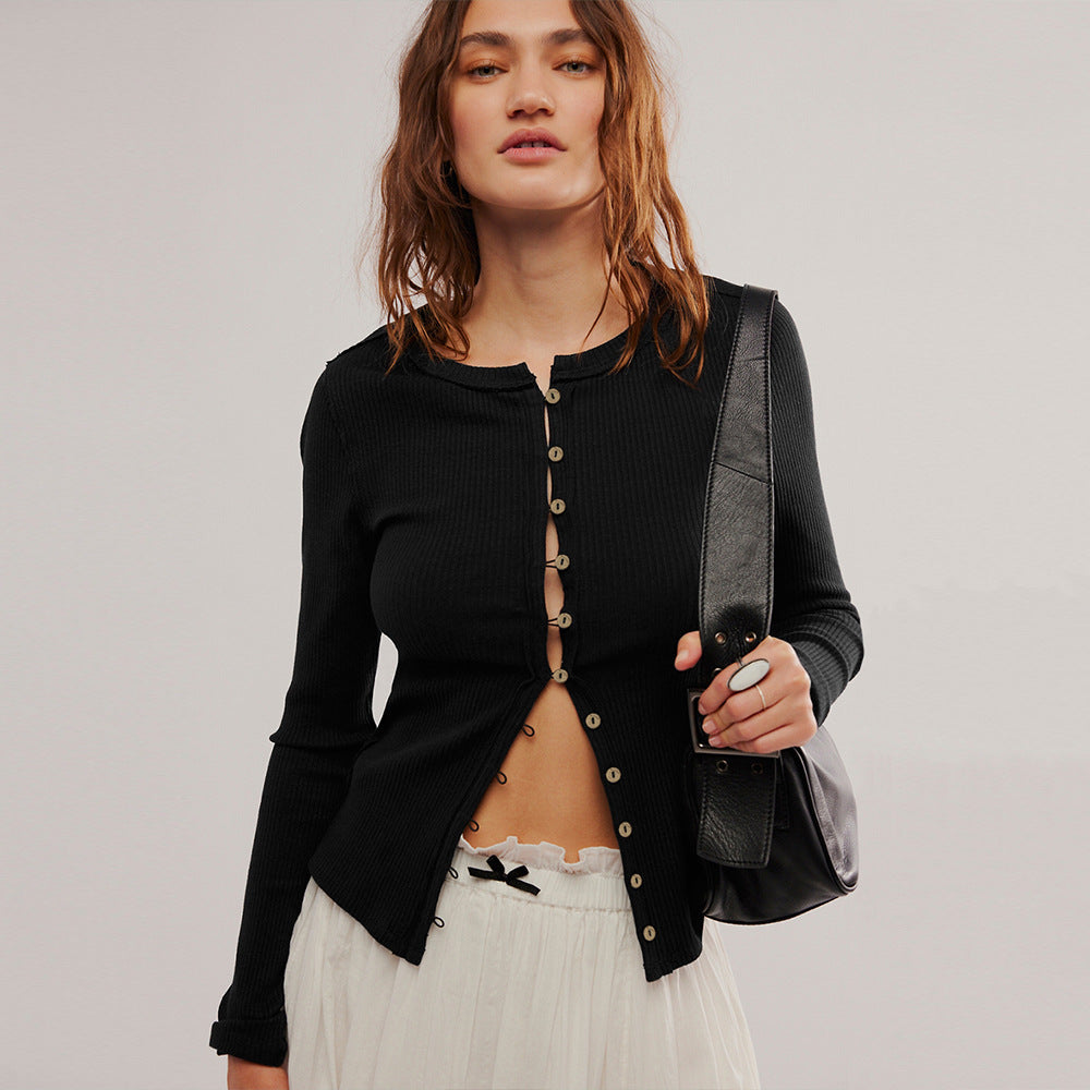 Damescardigan met geribbeld effect en knopen - Seliane