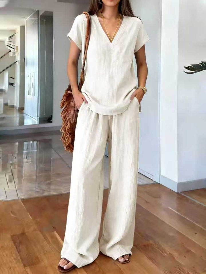 Dames casual V-hals linnen tweedelige set - Klarisa