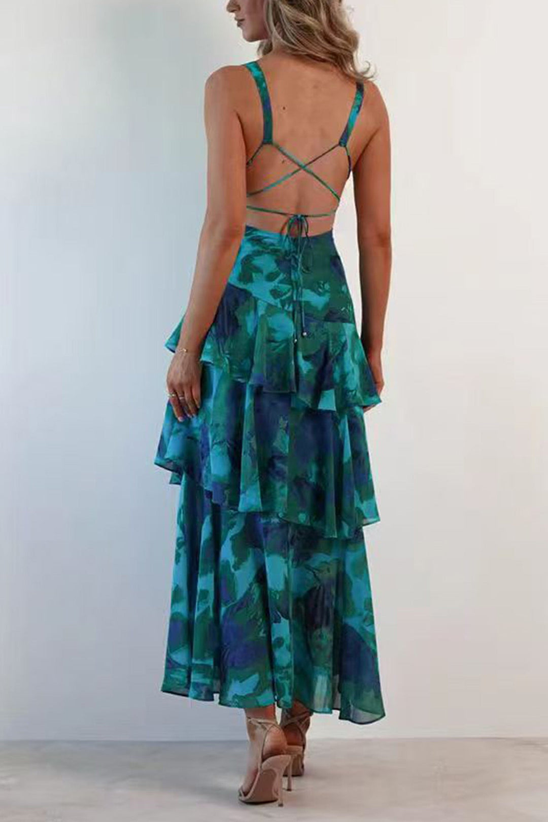 Lange damesjurk met bloemenprint en ruches - Camila