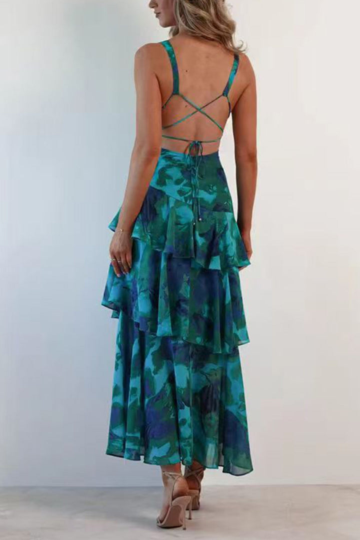 Lange damesjurk met bloemenprint en ruches - Camila
