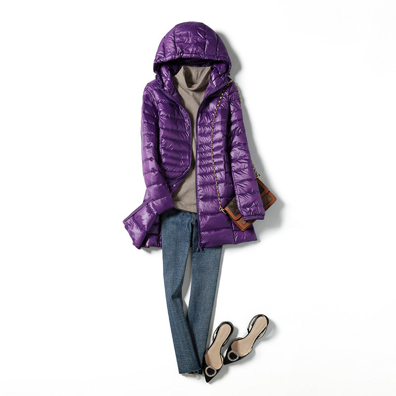 Gewatteerd, lang jack met capuchon voor dames - Rahel