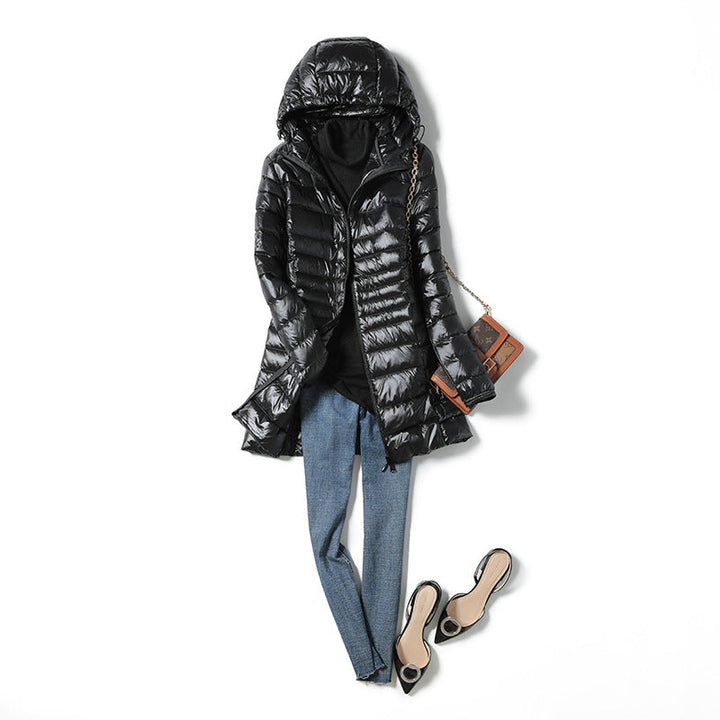 Gewatteerd, lang jack met capuchon voor dames - Rahel