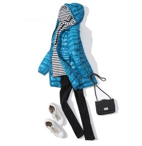 Gewatteerd, lang jack met capuchon voor dames - Rahel