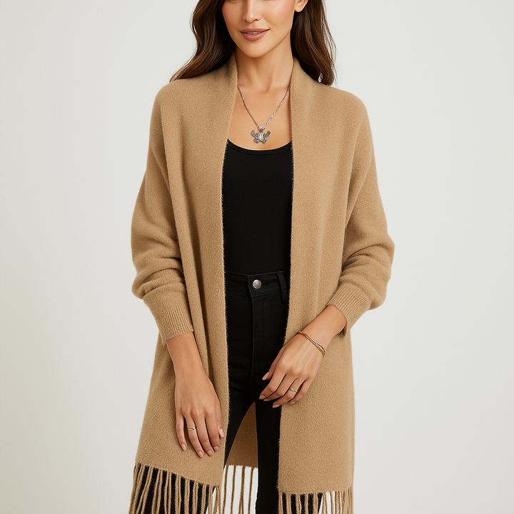 Modern lang damesvest met decoratieve franjes - Malkova