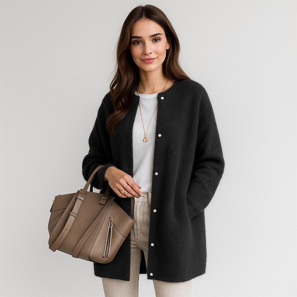 Lang gebreid damesvest zonder kraag - Mariana