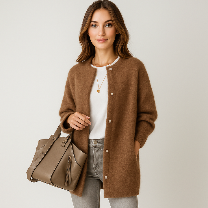 Lang gebreid damesvest zonder kraag - Mariana