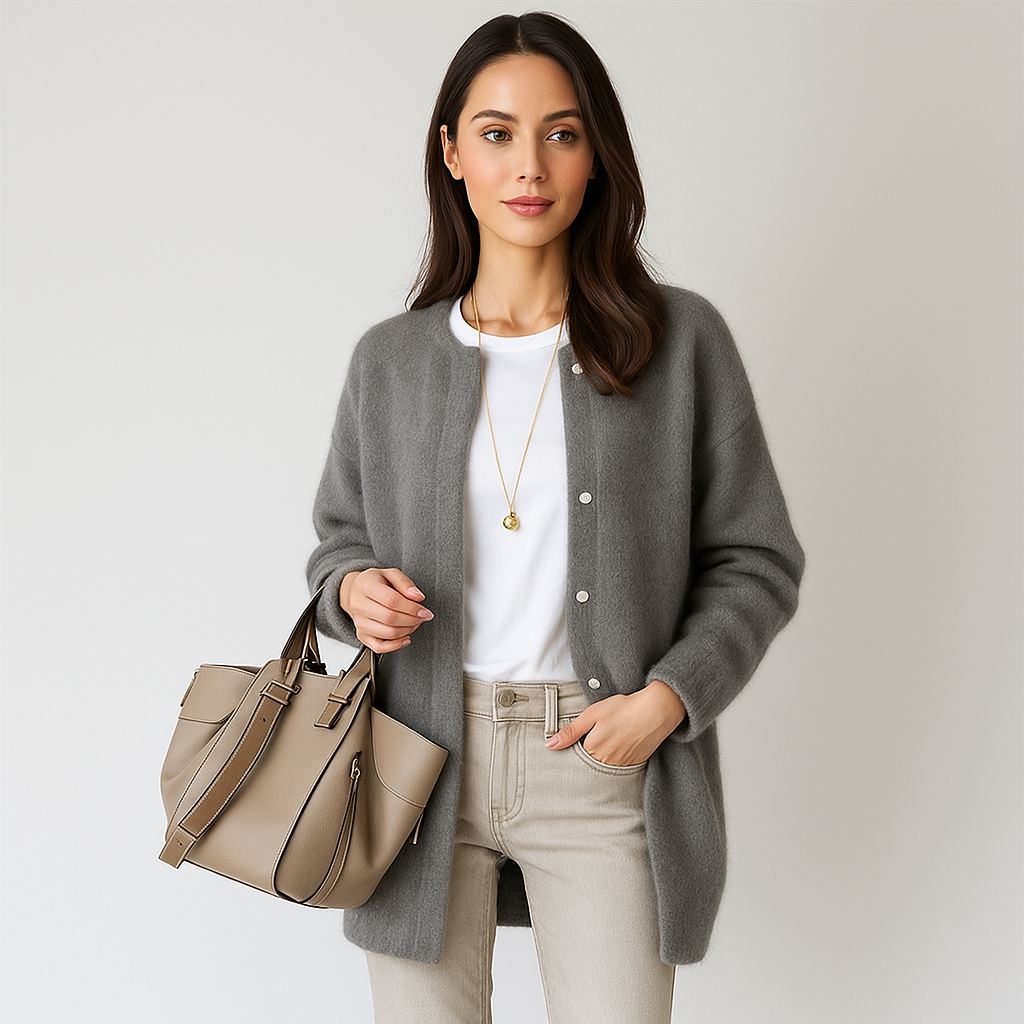 Lang gebreid damesvest zonder kraag - Mariana