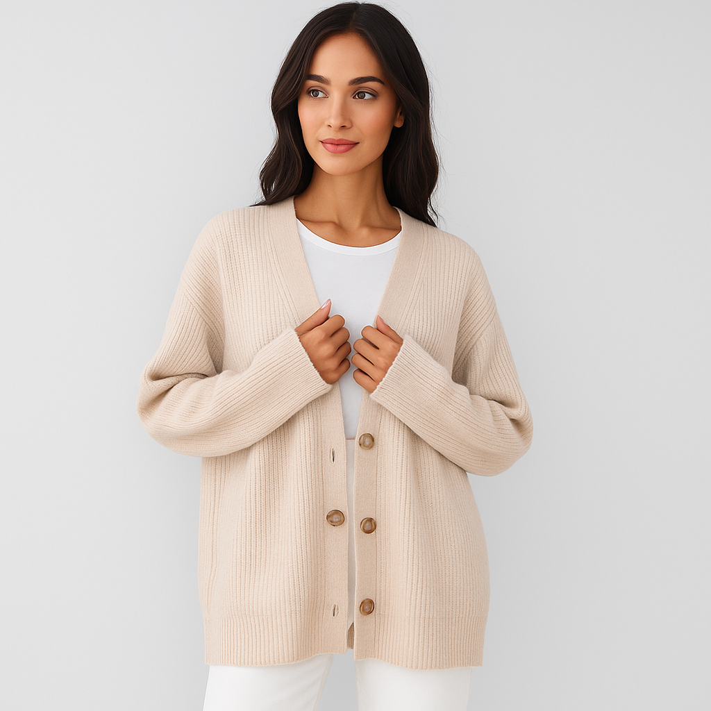 Gebreid damesvest in beige met knopen - Elira
