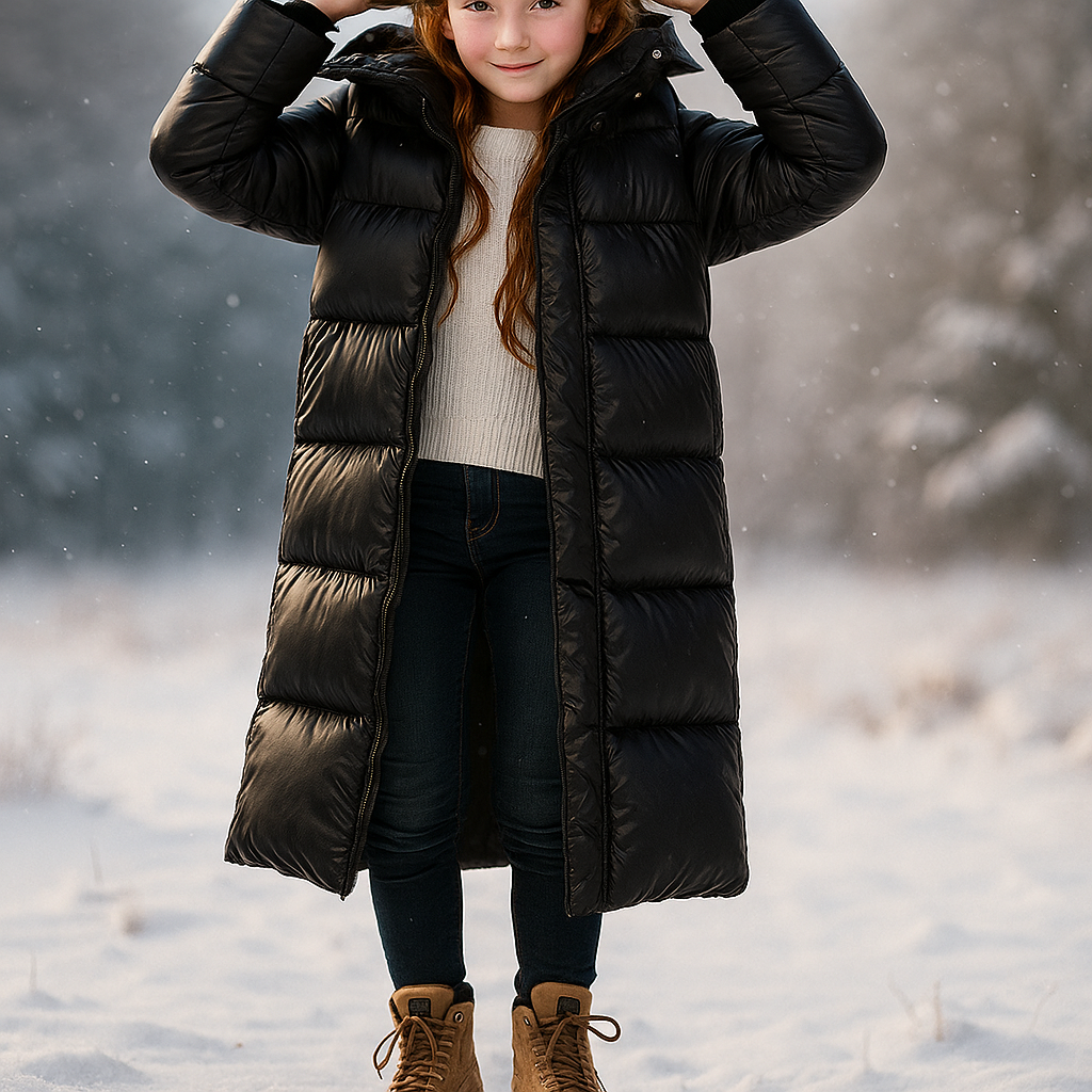 Gewatteerde lange meisjesjas met kap - Emma