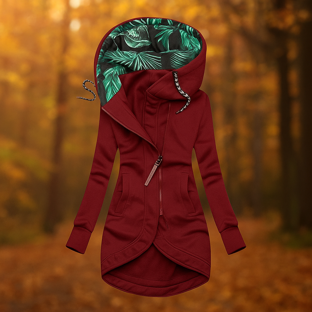 Lange bedrukte jas met capuchon en asymmetrisch ontwerp - Ivanna