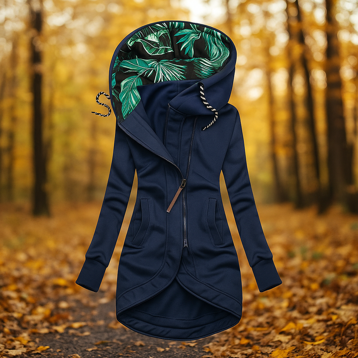 Lange bedrukte jas met capuchon en asymmetrisch ontwerp - Ivanna