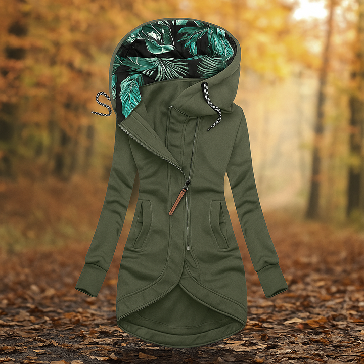 Lange bedrukte jas met capuchon en asymmetrisch ontwerp - Ivanna