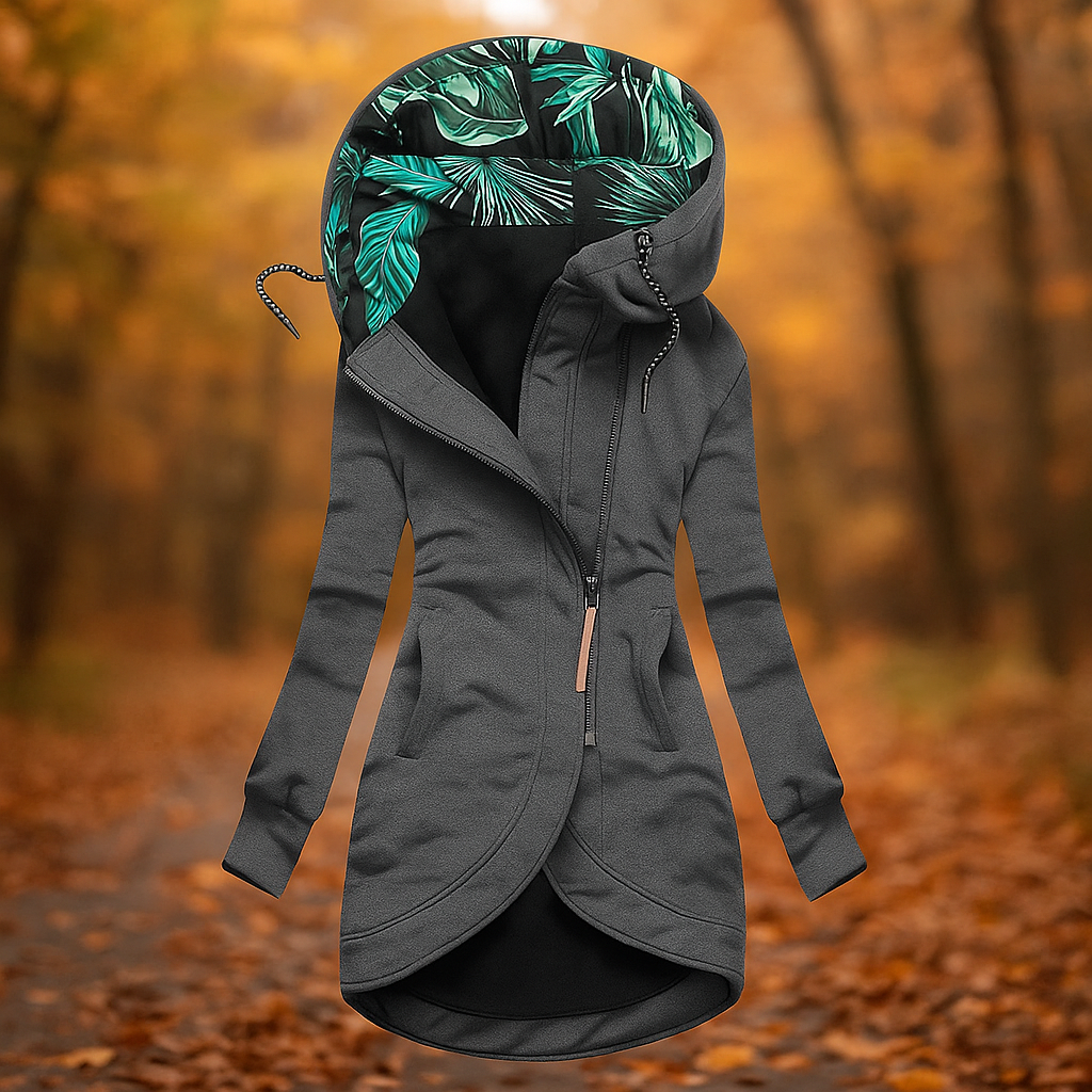 Lange bedrukte jas met capuchon en asymmetrisch ontwerp - Ivanna