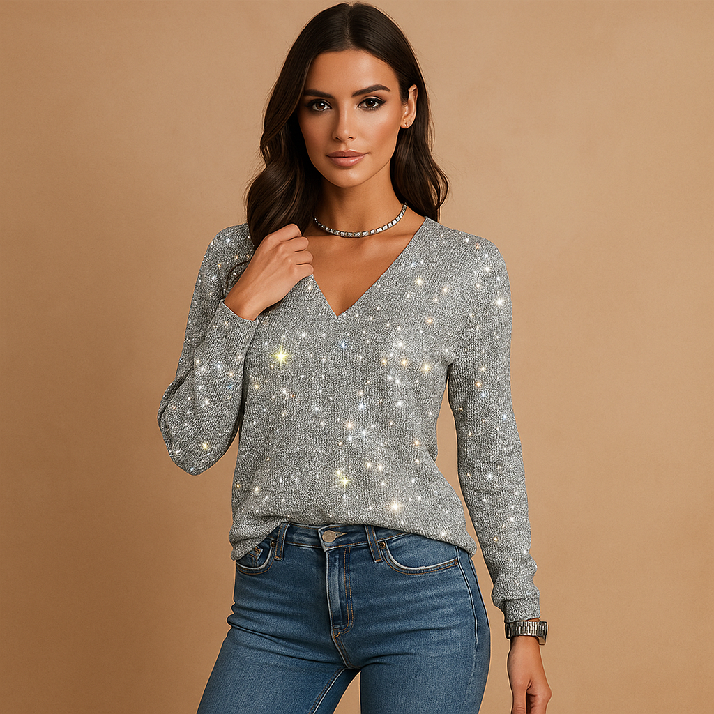 Damestrui met lange mouwen en V-hals met pailletten - Perla