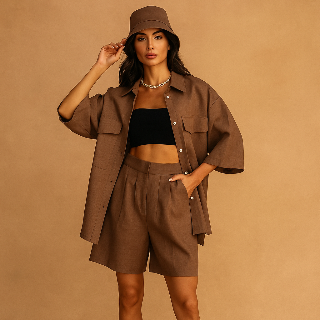 Damesset linnen shirt en korte broek met muts - Anja