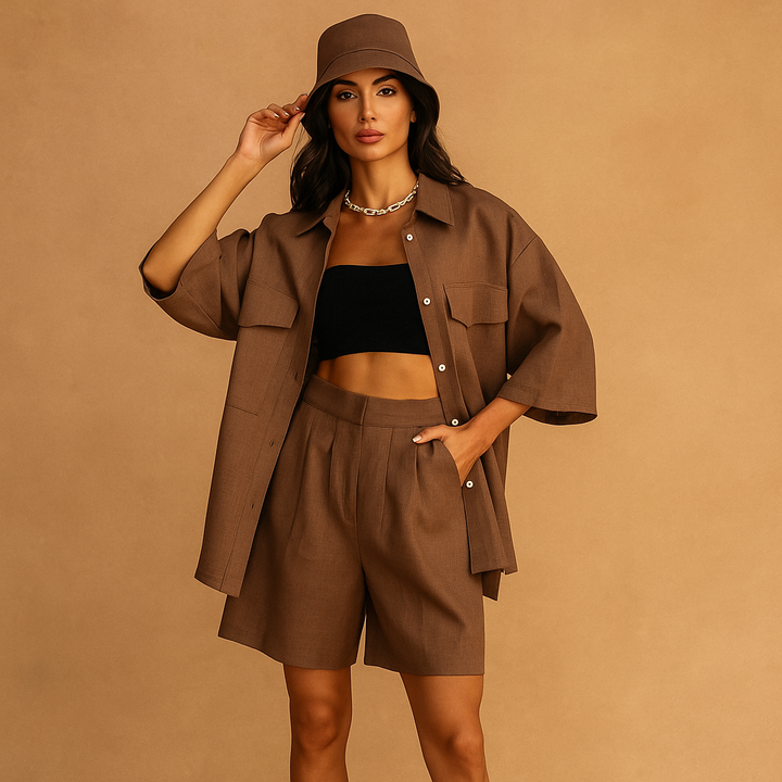 Damesset linnen shirt en korte broek met muts - Anja