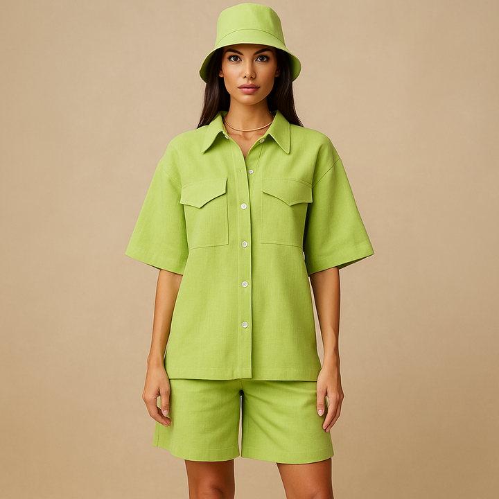 Damesset linnen shirt en korte broek met muts - Anja