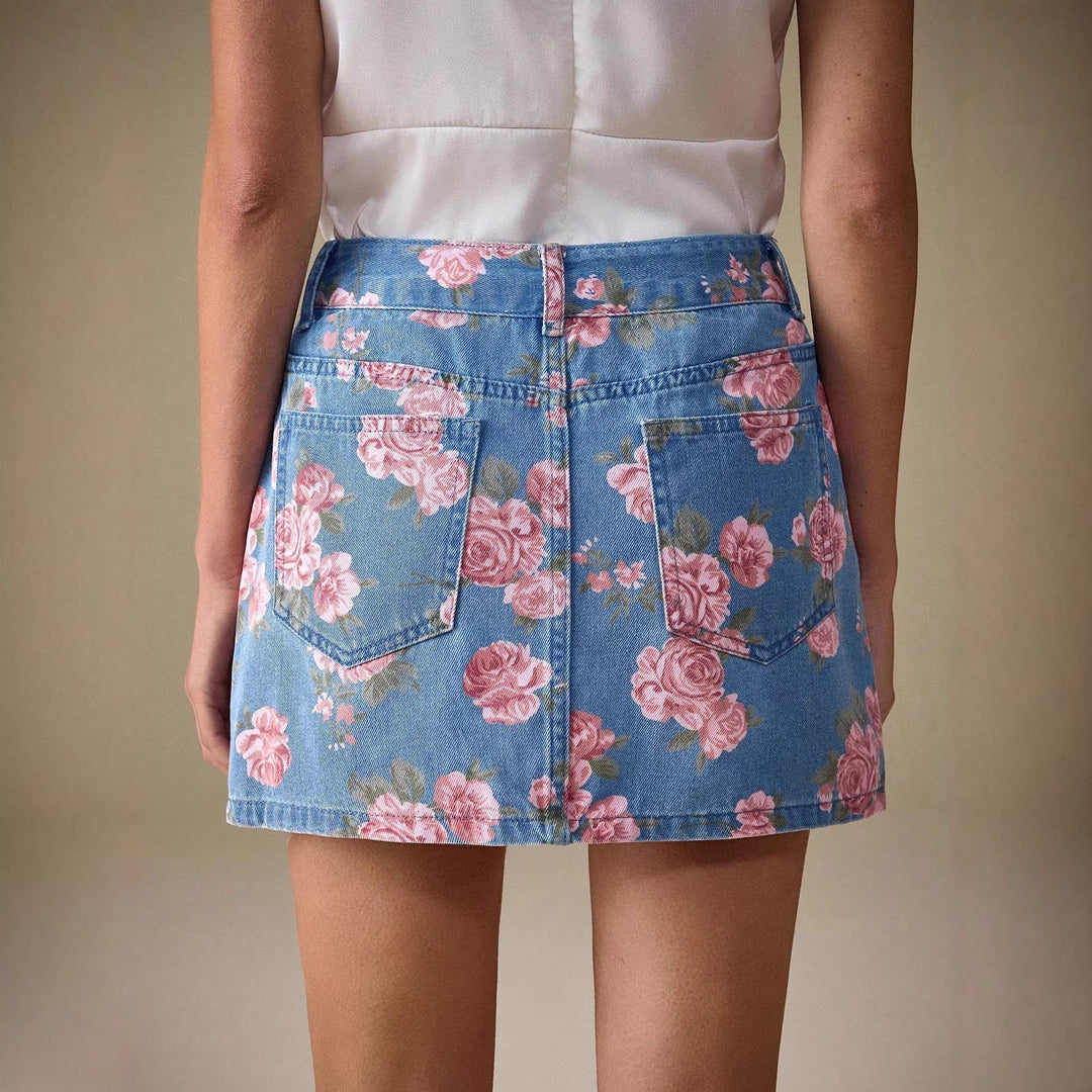 Damesdenimrok met bloemenprint en recht model - Letty