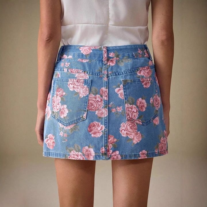Damesdenimrok met bloemenprint en recht model - Letty