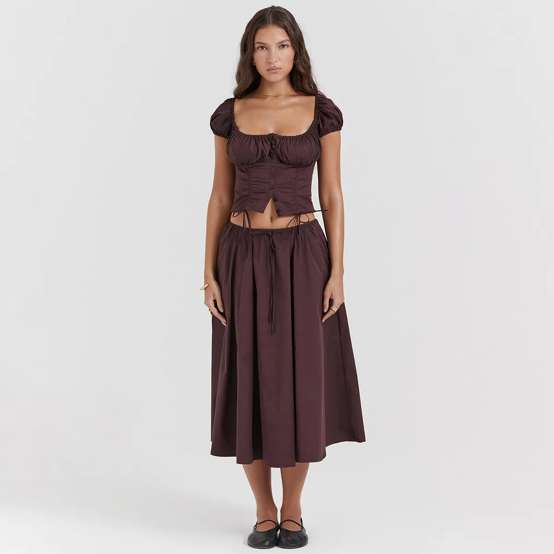 Tania - Vierkante Hals Gewaad Top & Rok Set met Pofmouwen