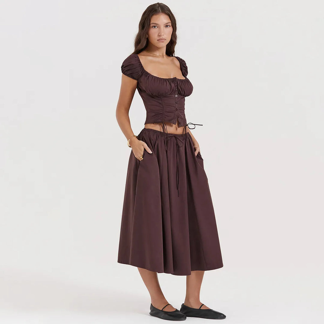 Tania - Vierkante Hals Gewaad Top & Rok Set met Pofmouwen