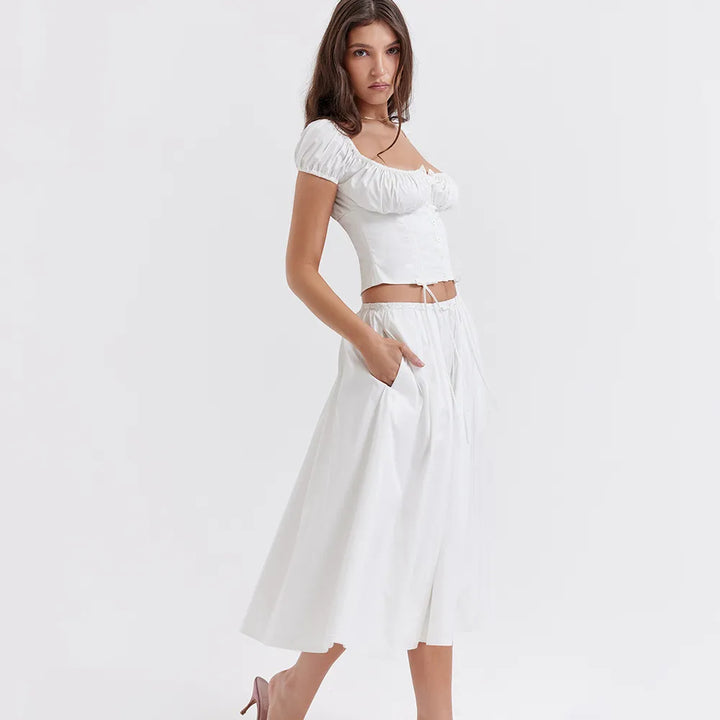 Tania - Vierkante Hals Gewaad Top & Rok Set met Pofmouwen