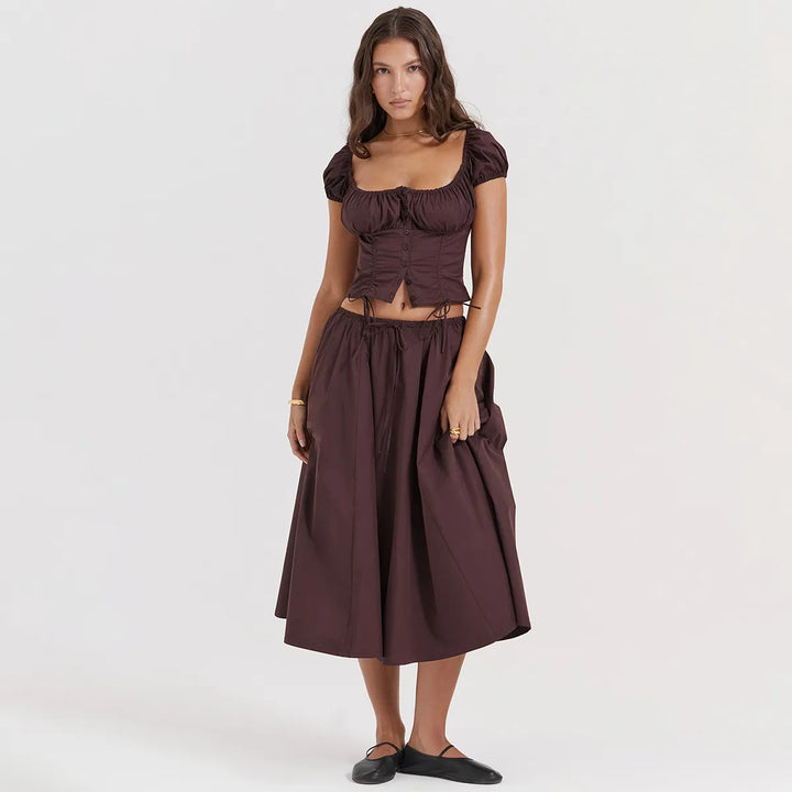 Tania - Vierkante Hals Gewaad Top & Rok Set met Pofmouwen