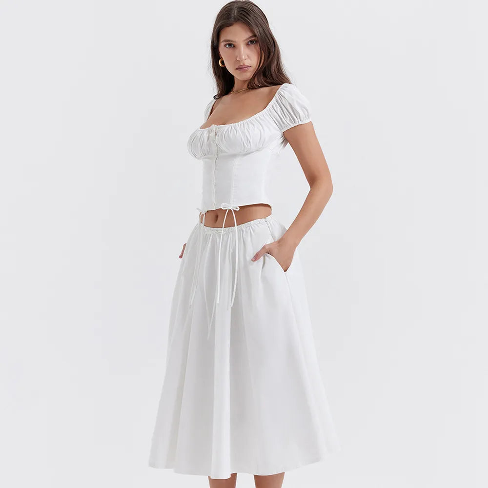 Tania - Vierkante Hals Gewaad Top & Rok Set met Pofmouwen