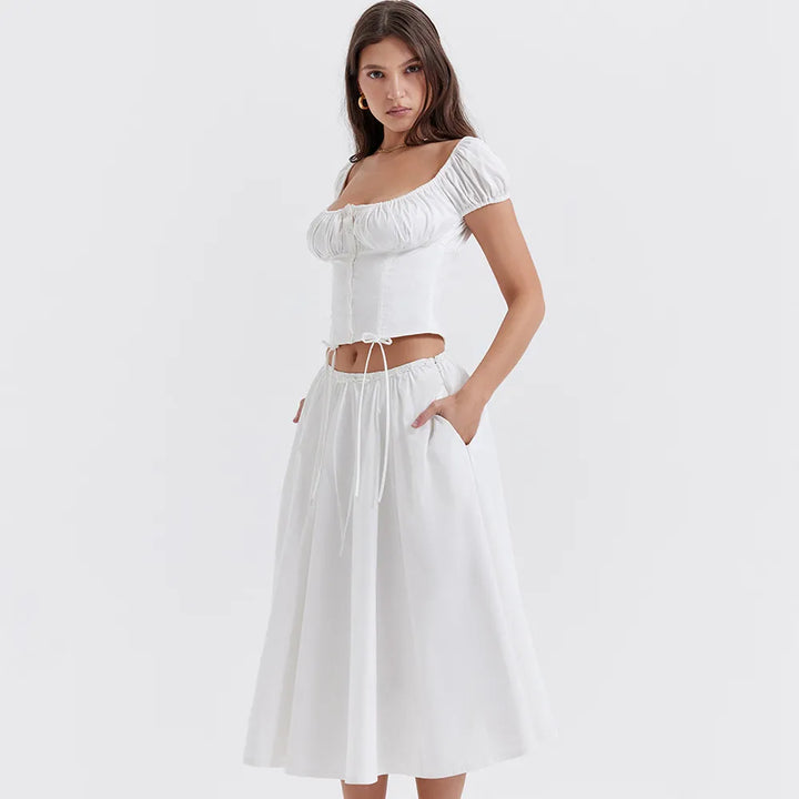 Tania - Vierkante Hals Gewaad Top & Rok Set met Pofmouwen