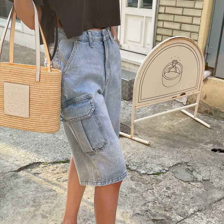 Dames denim shorts met cargozakken baggy stijl - Elina