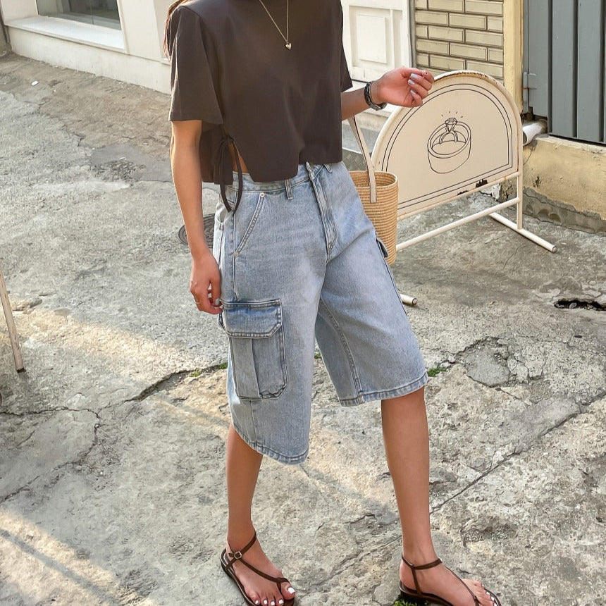 Dames denim shorts met cargozakken baggy stijl - Elina