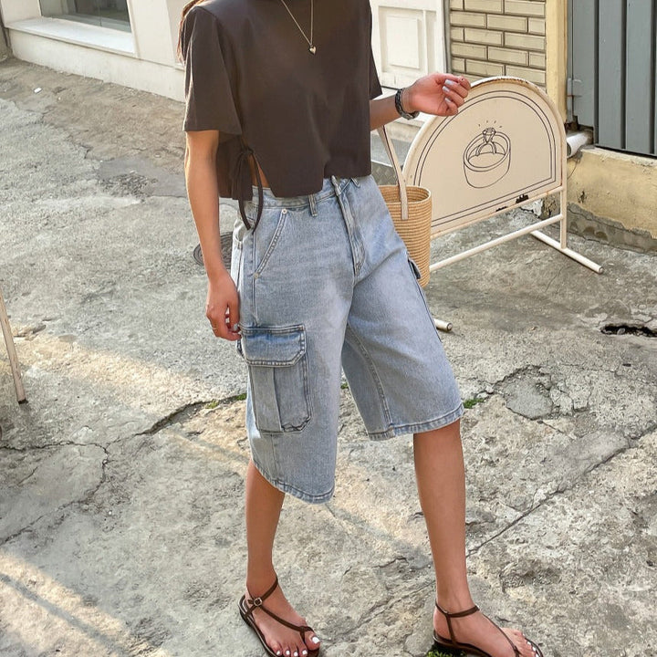 Dames denim shorts met cargozakken baggy stijl - Elina