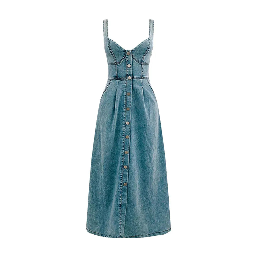 Dames midi-jurk van denim in lentestijl - Elowen