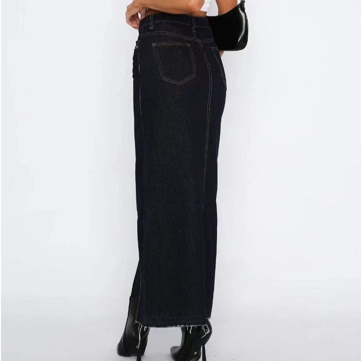 Lange denim rok met hoge taille en split aan de achterkant - Emilie