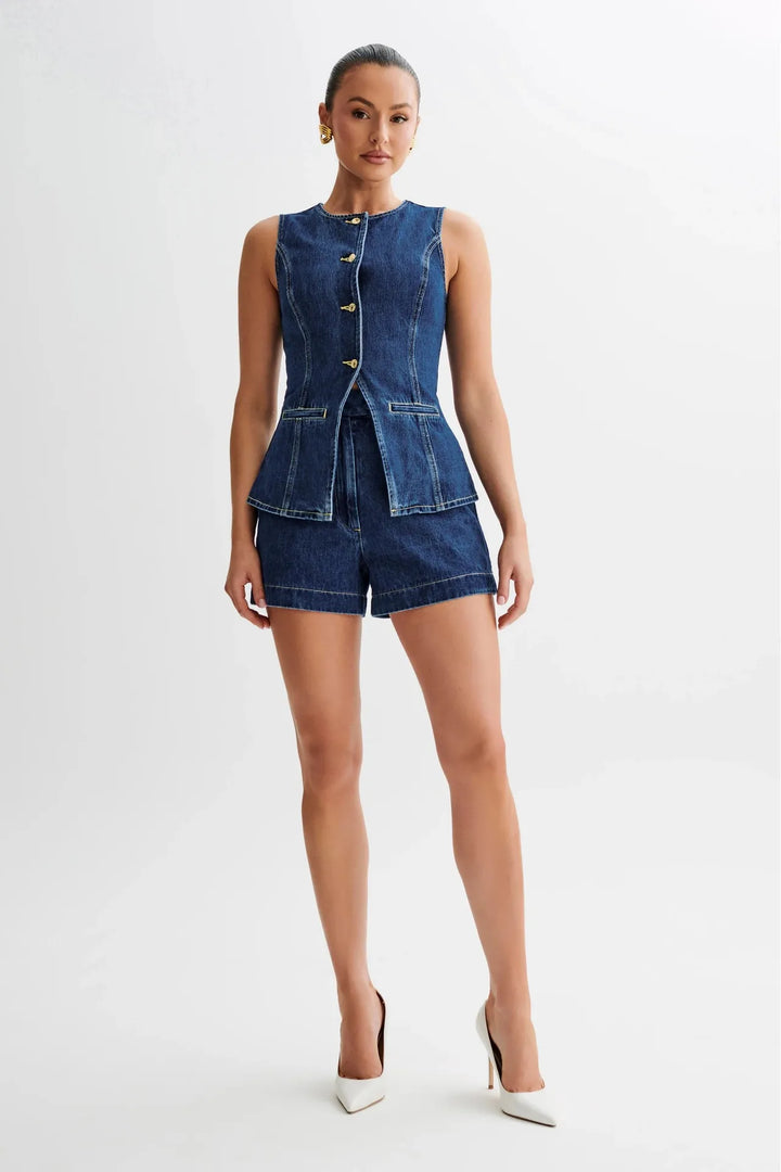 Saula - Denim Peplum Vest Met Korte Broek Set