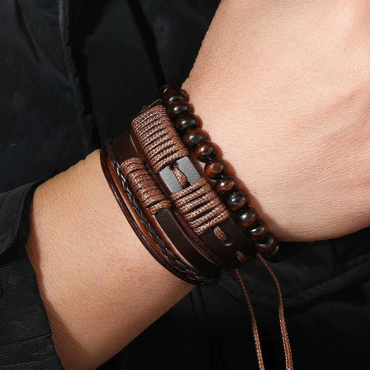 Herenarmband gewaxt touw en leren tribal design 3 stuks - Terrakai