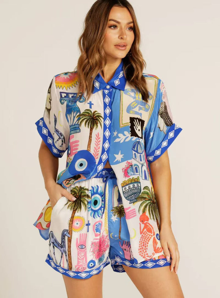 Bedrukte damesset met shirt en verstelbare short - Arvella