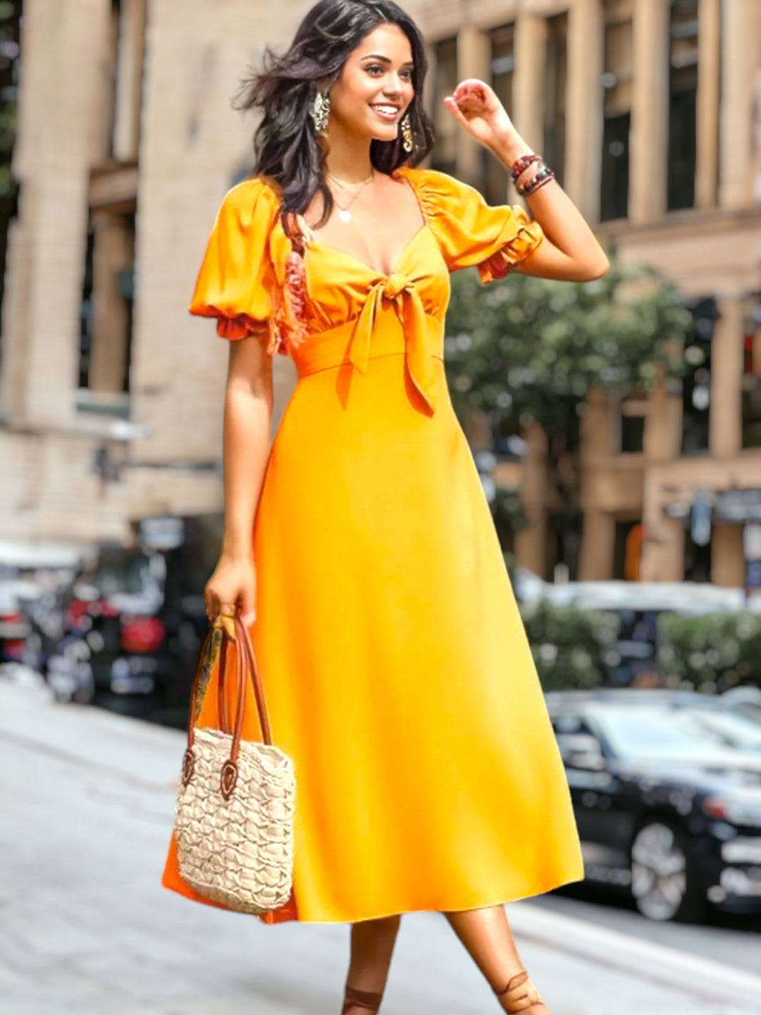 Selene - Midi-jurk met pofmouwen