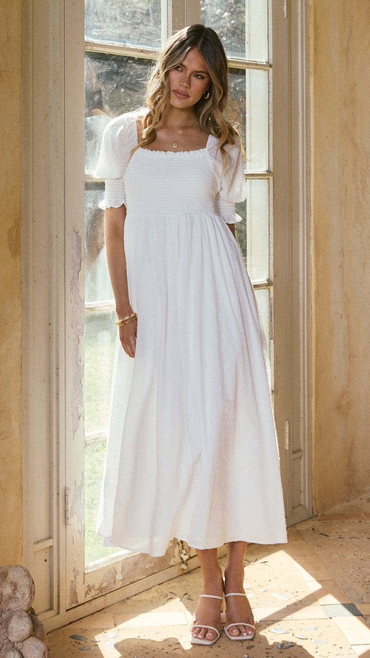 Witte midi-jurk met blote schouders voor dames - Renata