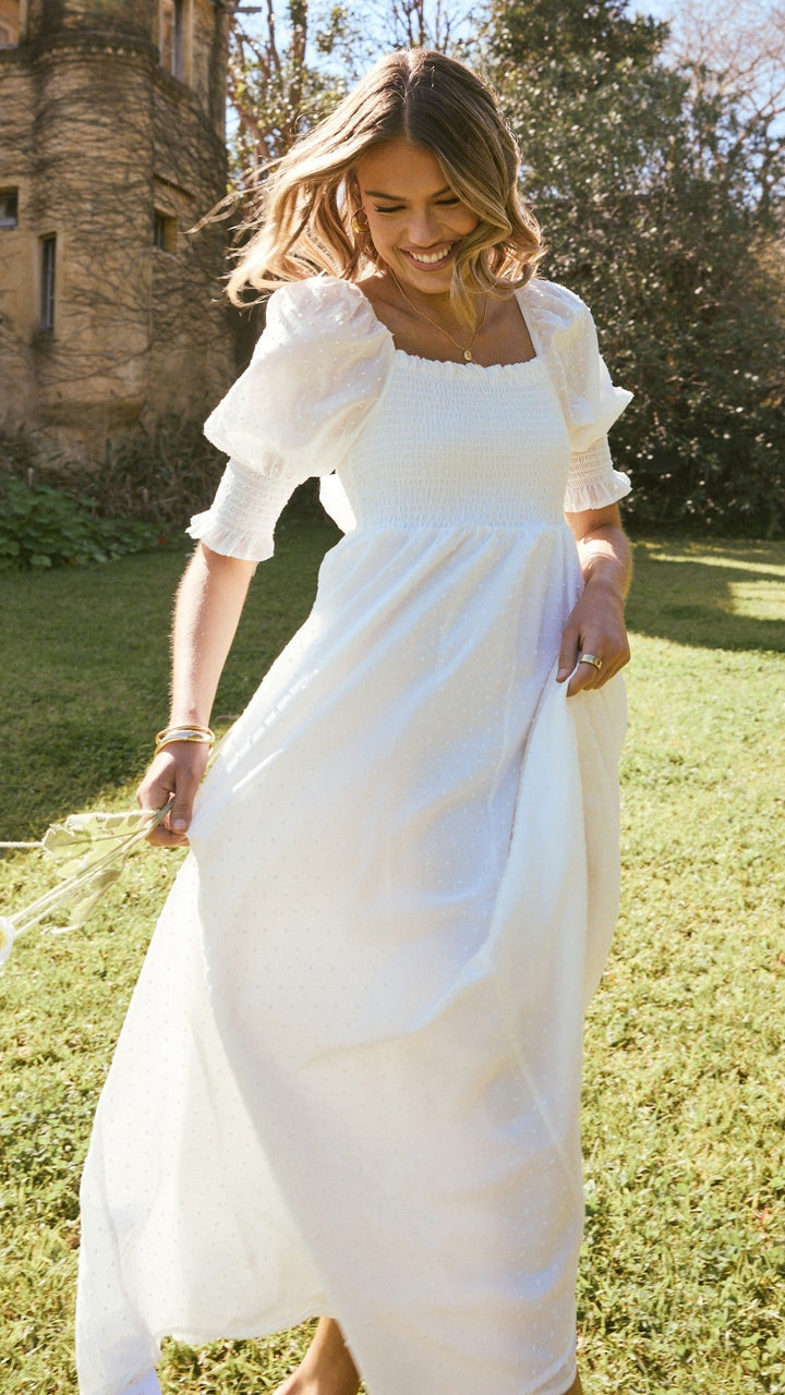 Witte midi-jurk met blote schouders voor dames - Renata