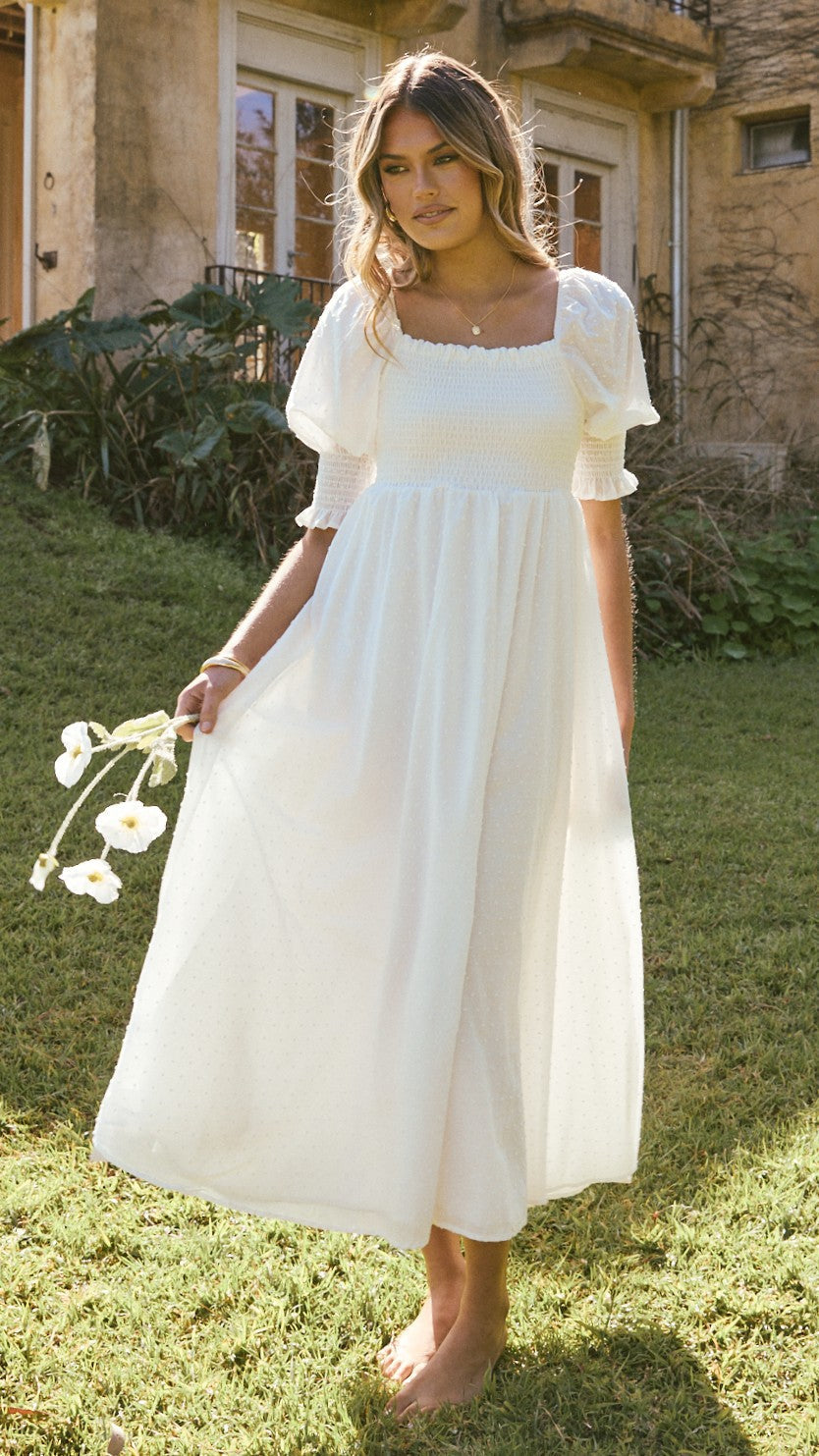 Witte midi-jurk met blote schouders voor dames - Renata