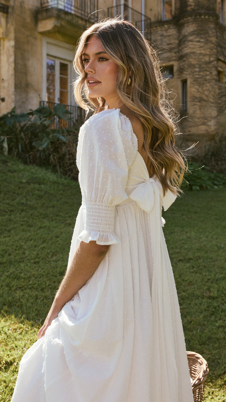 Witte midi-jurk met blote schouders voor dames - Renata