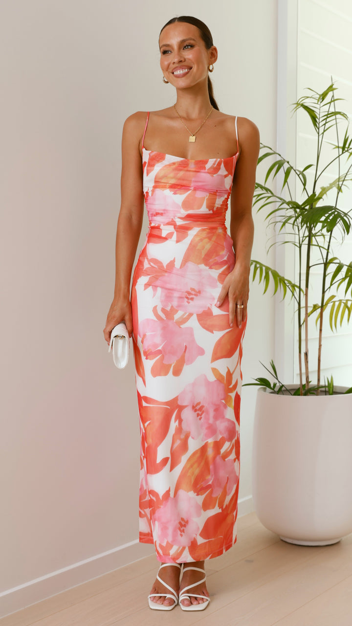 Lange, getailleerde jurk met print voor dames - Melissa