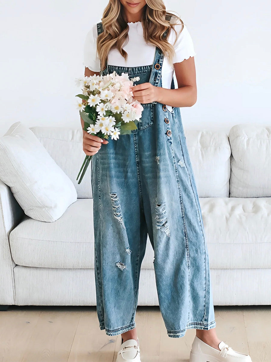 Jeans jumpsuit met losse pasvorm en used look - Jenna