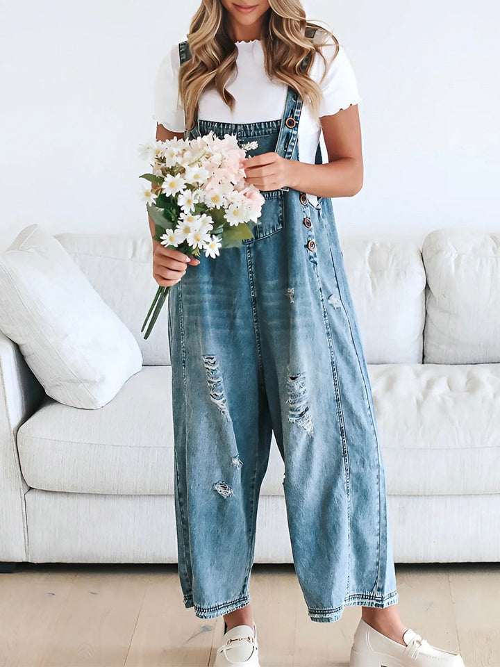 Jeans jumpsuit met losse pasvorm en used look - Jenna
