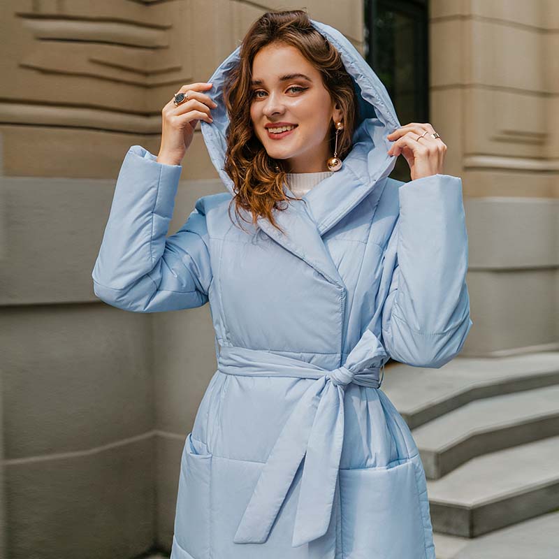 Lange gewatteerde damesjas met ceintuur - Catrina