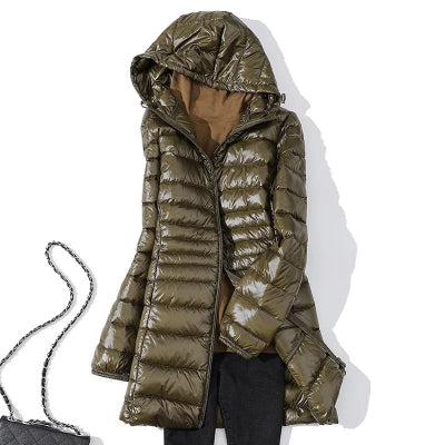 Gewatteerd, lang jack met capuchon voor dames - Rahel