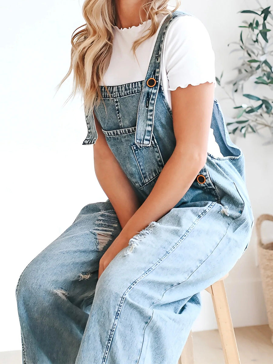 Jeans jumpsuit met losse pasvorm en used look - Jenna
