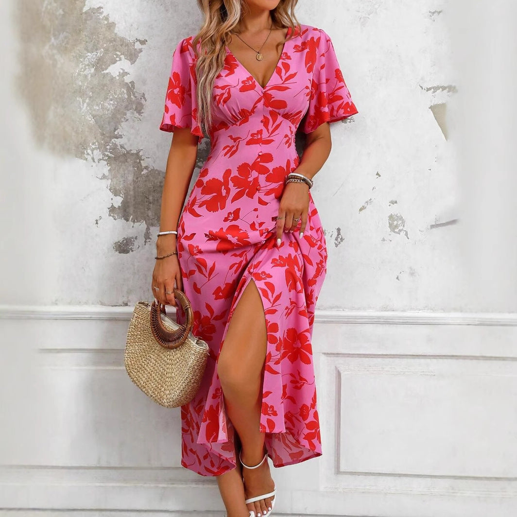 Midi-jurk met bloemenprint en split voor dames - Amalia